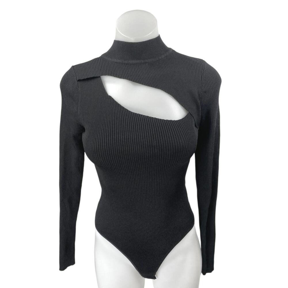 Princess Polly Black Long Sleeve Cutout Ribbed Knit Mock Neck Bodysuit Top S/M
